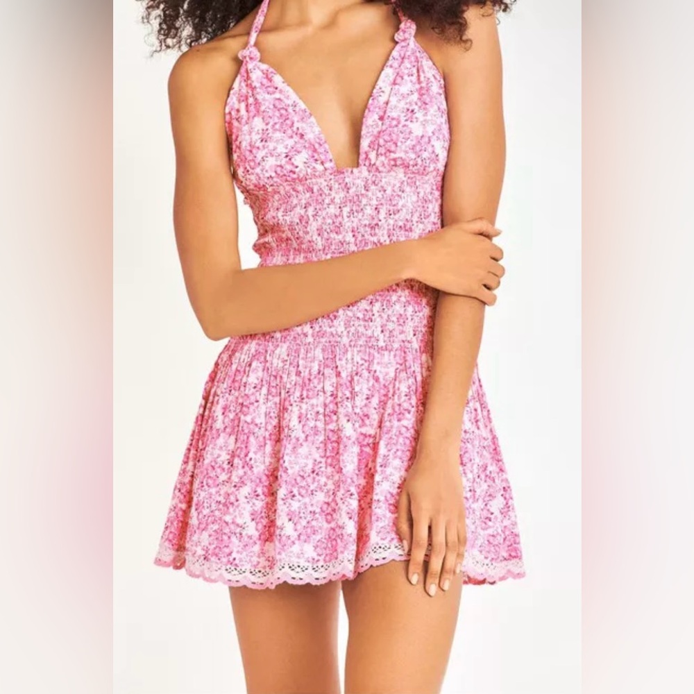 LoveShackFancy Pink Floral Luisetta Halter Dress Smocked Ruffle Cottagecore